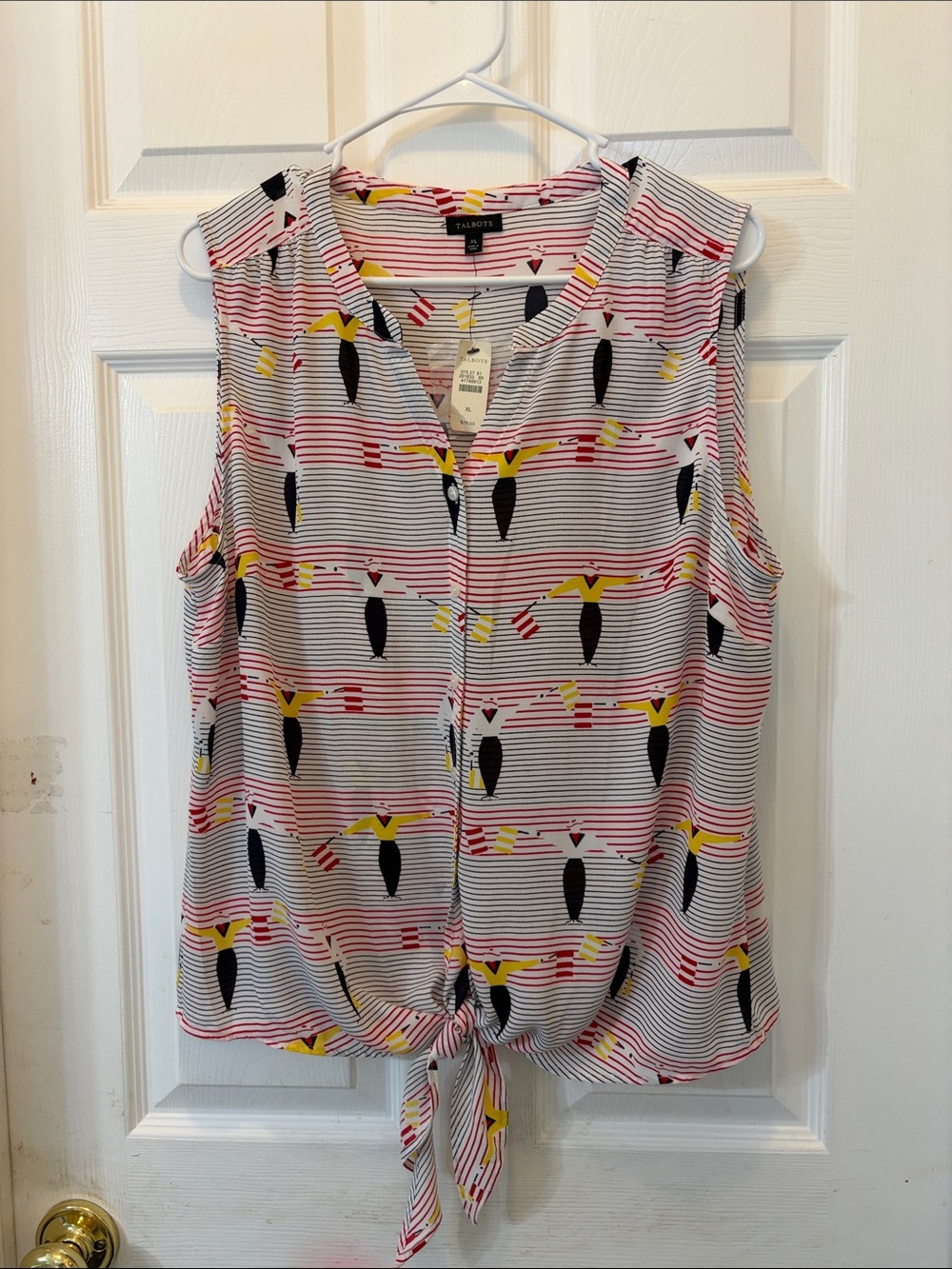 Talbots Sleeveless Button-Front Tie Hem Top in White, Red, Yellow & Black